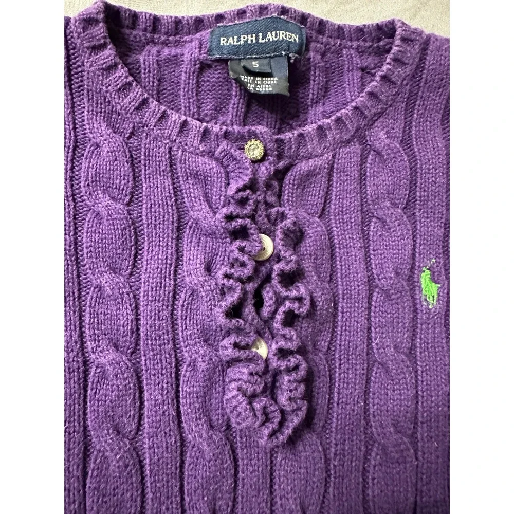 Ralph Lauren Kids Purple Cable Knit Ruffle Button‎ Sweater Size 5